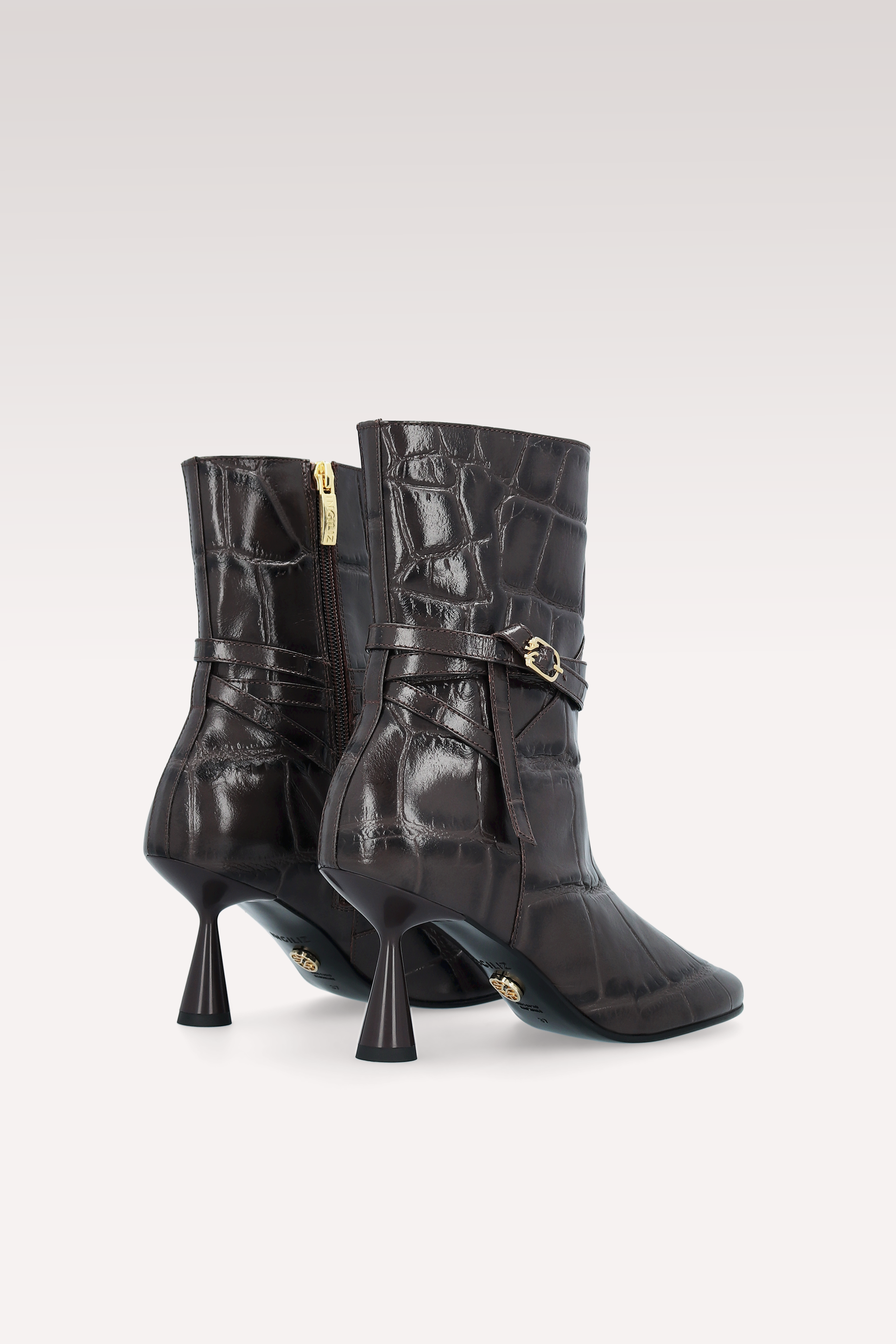 ZELDA БОТИ И DALIA ЧАНТА ОТ КАФЯВА КРОКО ЩАМПОВАНА КОЖА