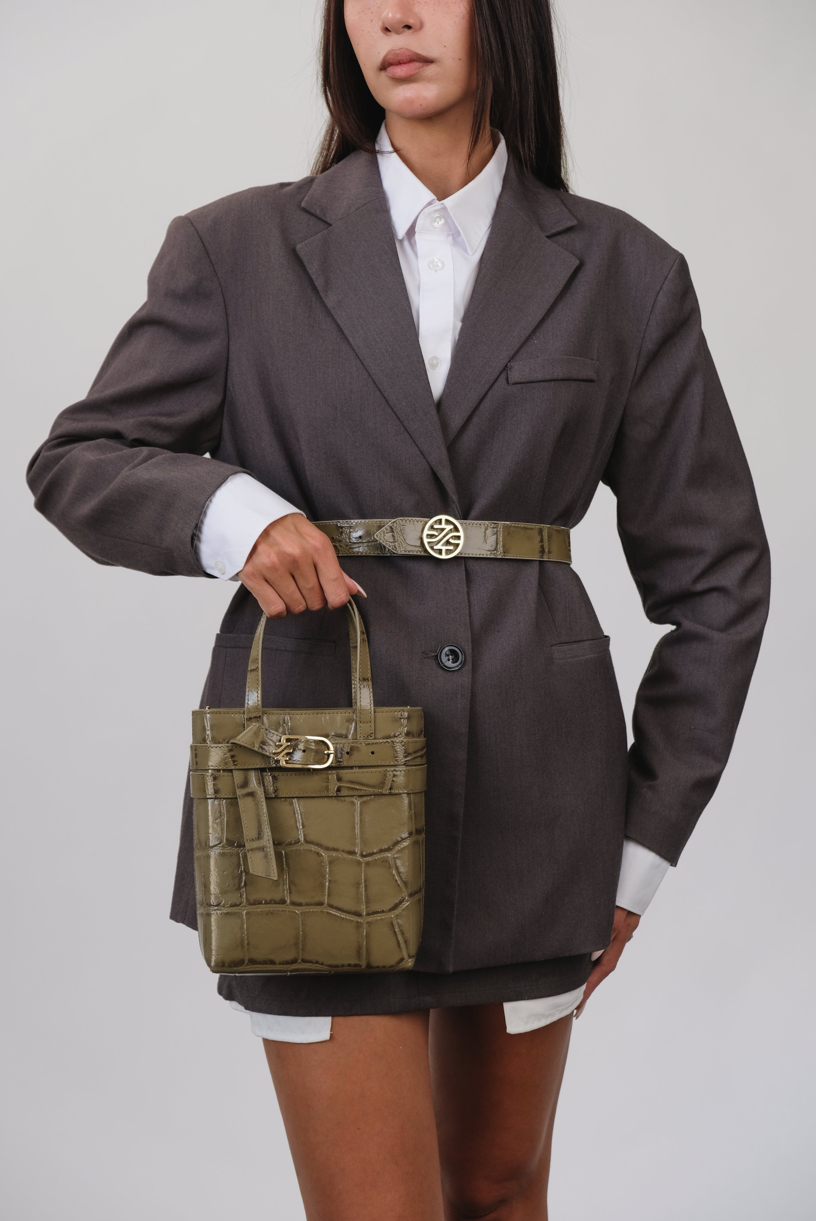 ORIANA БОТИ И CARRIE ЧАНТА ОТ МАСЛИНЕНО ЗЕЛЕНА КРОКО ЩАМПОВАНА КОЖА